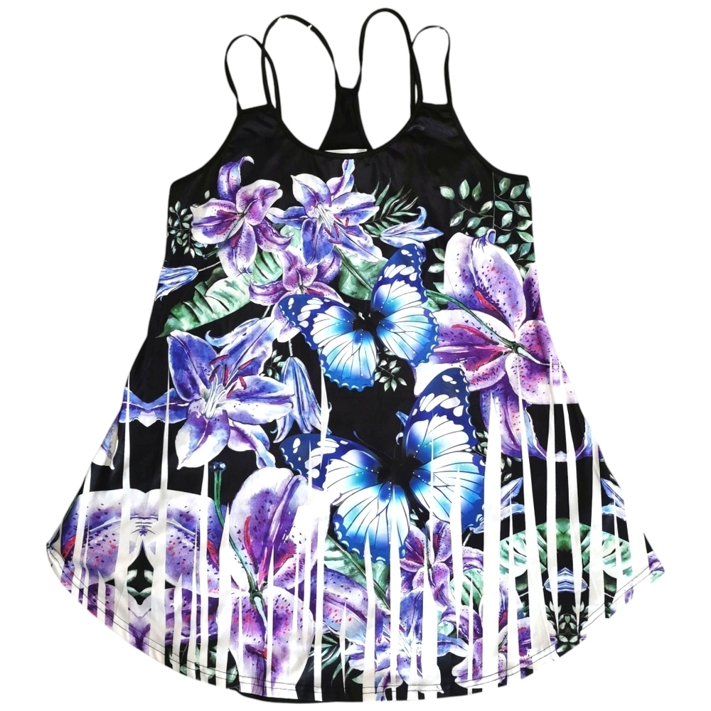 NWOT Rosegal Strappy Black Vivid Floral Tank Blouse - Sz 14